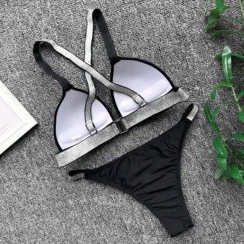  Summer Sexy Black White Biquini Push Up Bra And Panty Set Women Back Cross 2 Piece Swimsuit 