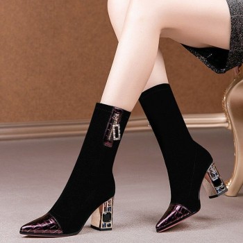 Elastic Ankle Boots Women 2021 Winter Pu Ladies High Heel Chunky Heel Rhinestone Botas Elegant Lady Pointed Toe Shoes