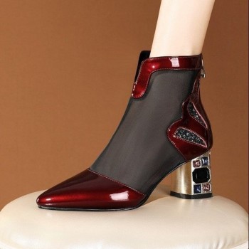 Elastic Ankle Boots Women 2021 Winter Pu Ladies High Heel Chunky Heel Rhinestone Botas Elegant Lady Pointed Toe Shoes