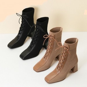 Autumn Winter New Fashion Stitching Knitted Elastic Stockings Boots High-heeled Short Boots Women's Square Toe