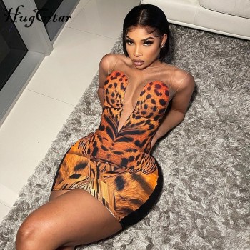 Sleeveless Tiger Printing Lace O-Neck Sexy Mini Dress Summer Women Fashion Party Club Outfits
