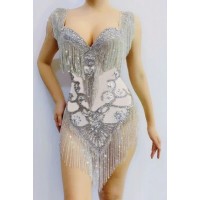 Rhinestones Fringes Mesh Sexy Bodysuit Women Birthday Celebrate Dress Costumes Outfit Prom Birthday Outfit