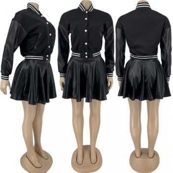 Winter Two Piece Set Women 2021 Baseball Uniform Varsity Jacket and PU Faux Leather Pleated Mini Skirts