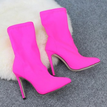 Women Shoes Pointed Toe Elastic Boots Candy Color Cloth Boots High Heel ...