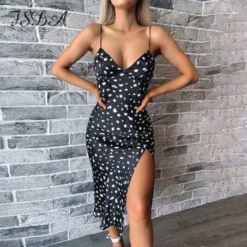 Print Spaghetti Strap Satin Dress Women Backless V Neck Summer Off Shoulder Black Split Midi Beach Sexy Party Dresses