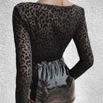 Women Sexy Leopard Bandage Bodysuit Elegant Long Sleeve Body Top Ladies Slim Fit Leotard Stretch 