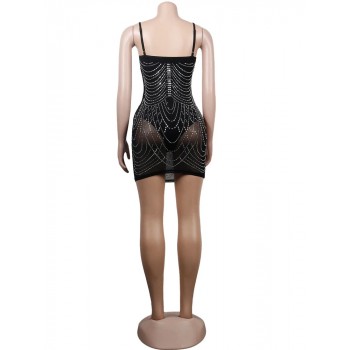 Chic Rhinestone Crystal Mesh Tassel Details Mini Dress New Womens Strap Skinny Birthday Clubwear