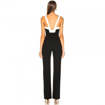 Summer Women's Fashion Bandage Jumpsuits Club Black And White Patchwork Backless Ladies 
