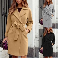 Elegant Notched Collar Belt Woolen Coats Women 2021 Autumn Winter Solid Color Slim Pockets Medium Length Outerwear