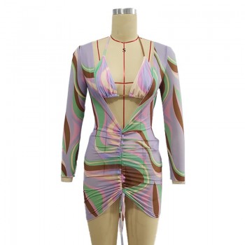 Long sleeves bikini 2021 Print 3 pieces set Brazilian triangle swimsuit Purple