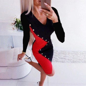Long Sleeve V-neck Bodycon Patchwork Buttons Black Red Cancun