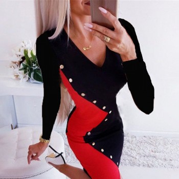 Long Sleeve V-neck Bodycon Patchwork Buttons Black Red Cancun
