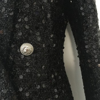 Black Blazer Women Double Lion Buttons Shawl Collar Glitter Sequined Long Runway Blazers