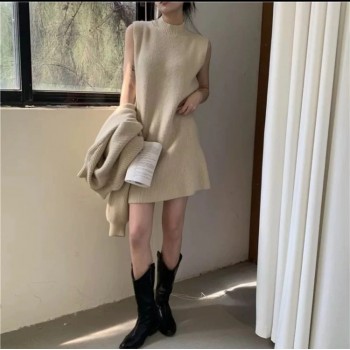 Female Autumn Winter Casual Knitwear Dress Loose Two Piece Set Solid Mock Neck Thick Warm Knitted Pullover Women Long Sweaters