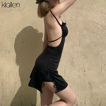 Hollow Out Halter Black Lace Up Slim Mini Dress Women Summer New Casual Club Street Beach Bodycon