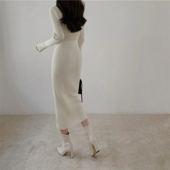 Tight-fitting Knitted Dress Female Evening Party Tunic V-neck Pullover Long Vintage