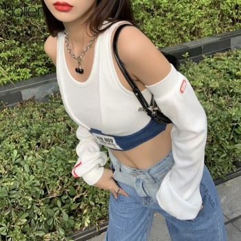Spring Fashion Patchwork Women T-shirt 2023 New Sexy Off Shoulder Rib Knitted White