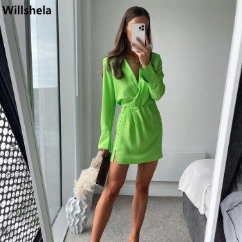 Summer Shirt Dress Women Long Sleeves Casual Fashion Chic Lady Light Green Short Dress