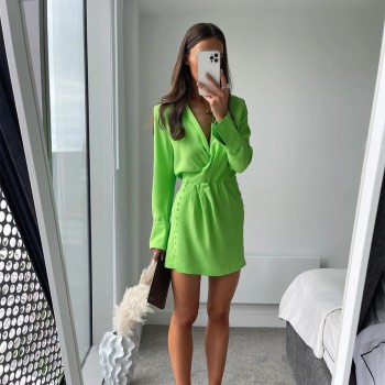 Summer Shirt Dress Women Long Sleeves Casual Fashion Chic Lady Light Green Short Dress