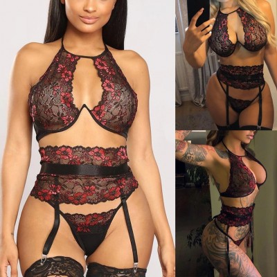 Lingerie Woman Sexy Ultra-thin Transparent Large Size Underwear Sexy Floral Bra+Panty Set Woman
