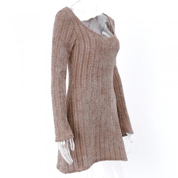 Off Shoulder Ribbed Brown Sweater Dress Retro Streetwear Long Sleeve Brown