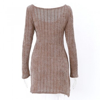 Off Shoulder Ribbed Brown Sweater Dress Retro Streetwear Long Sleeve Brown