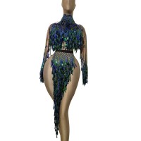  Tassel Sequins Dancer Stage Dress Party Celebrity Women Backless Nightclub Dress Showgirl Costume IVORY Blue