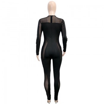 Sheer Mesh Patchwork Black Jumpsuit Long Sleeve Skinny Night Club Overalls Black