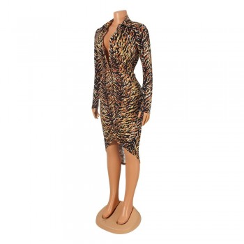  Pleated Irregular Shirt Long Sleeve Dress Tiger Print Dress