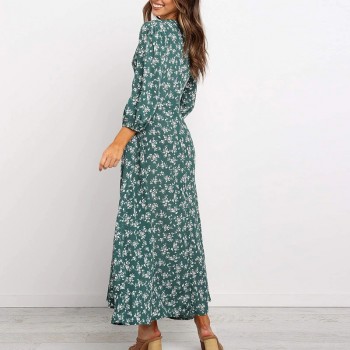 Chiffon Long Dress Floral Print Lantern Sleeve A-line Maxi V-Neck Green Blue