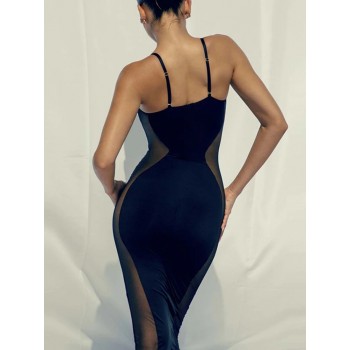 Patchwork Mesh Sleeveless See Through Midi Dress Sexy Bodycon Sling Dress Black