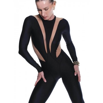 See Through High Waist Streetwear Jumpsuits Female Overalls O-neck Long Sleeve Skinny Rompers Black