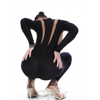 See Through High Waist Streetwear Jumpsuits Female Overalls O-neck Long Sleeve Skinny Rompers Black