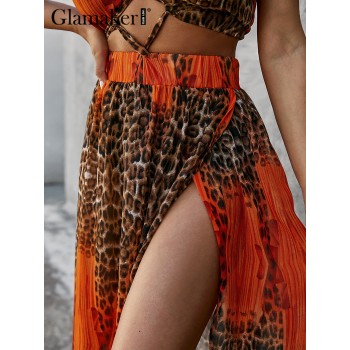 Red Leopard printed Halter backless sleeveless lace up high split maxi dress
