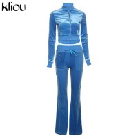 Solid Velour Two Piece Set Women Simple Casual Zipper Long Sleeve Turtleneck Top+Bandage Lace Slim Female Wide Leg Pants