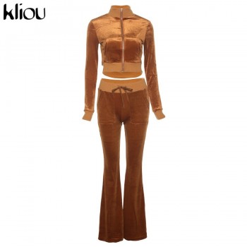 Solid Velour Two Piece Set Women Simple Casual Zipper Long Sleeve Turtleneck Top+Bandage Lace Slim Female Wide Leg Pants