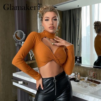Khaki stand collar Knitted pullover sexy cropped top Hollow out