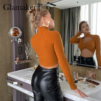 Khaki stand collar Knitted pullover sexy cropped top Hollow out
