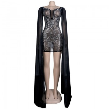 Beautiful Flare Cape Sleeve Mesh Crystal Dress Sparkle See Through Sequin Bodycon 