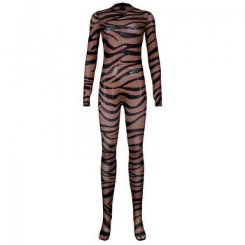  Mesh Striped Print Skinny Retro Jumpsuits Women Autumn Crew Neck Long Sleeve