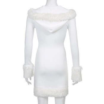 Furry White Bodycon Mini Dresses Women Autumn Long Sleeve Hooded V Neck Dress Skinny Fuzzy