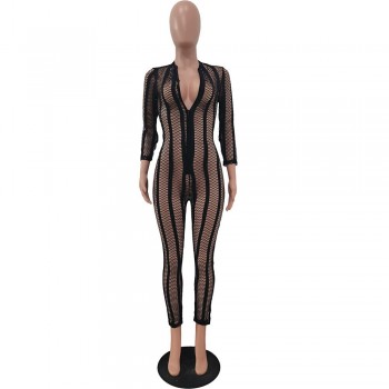  Hollow Out Fishnet Mesh Rompers Autumn Long Sleeve Zipper Front Jumpsuits Beach Cover-Ups