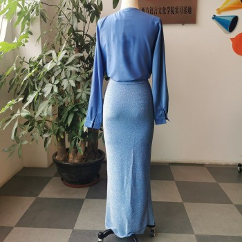 Blue evening sequin v neck long sleeve women's luxury maxi party dress plus size