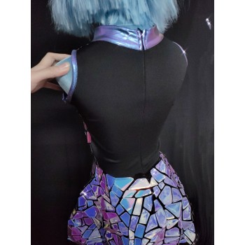 Purple Blue Laser Mirror Sequins Sleeveless Short Dress Women Singer Dancer Bar Nightclub 