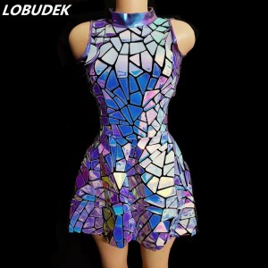 Purple Blue Laser Mirror Sequins Sleeveless Short Dress Women Singer Dancer Bar Nightclub 