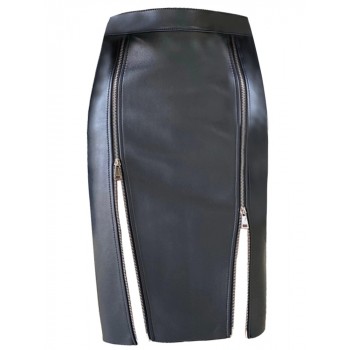 Soft Black Pu Leather Midi Skirt Women with Double Slit Zipper High Waist