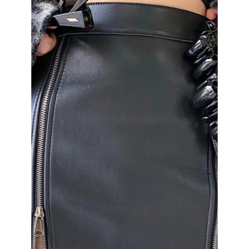 Soft Black Pu Leather Midi Skirt Women with Double Slit Zipper High Waist