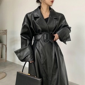 Long oversized leather trench coat for women long sleeve lapel loose fit Black