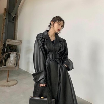 Long oversized leather trench coat for women long sleeve lapel loose fit Black