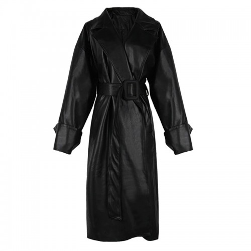 Long oversized leather trench coat for women long sleeve lapel loose ...